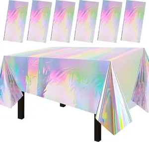 6 Packs 54"x108" Iridescence Disposable Plastic Table Cover Waterproof Tablecloths for Rectangle Tables up to 8 ft in Length Party Decorations