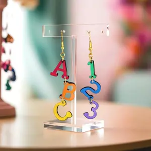 ABC 123 Earrings, Rainbow Wood Letter Dangles, Teacher Gift