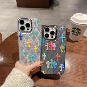 Gothic Cross iPhone Case for iPhone 16/15/14/13/12/11 Eco-Friendly Leather Cross Silicone Rainbow Anti-Fall Phone Cover for Men & Women