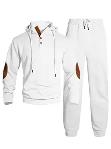 Men's two-piece half-open button design drawstring hoodie and elastic waistband sport pants, outdoor sport suit, Sweat Suit Set, daily casual long-slee hooded top and pants, suitable for autumn and winter wear slim-fit men's clothing
