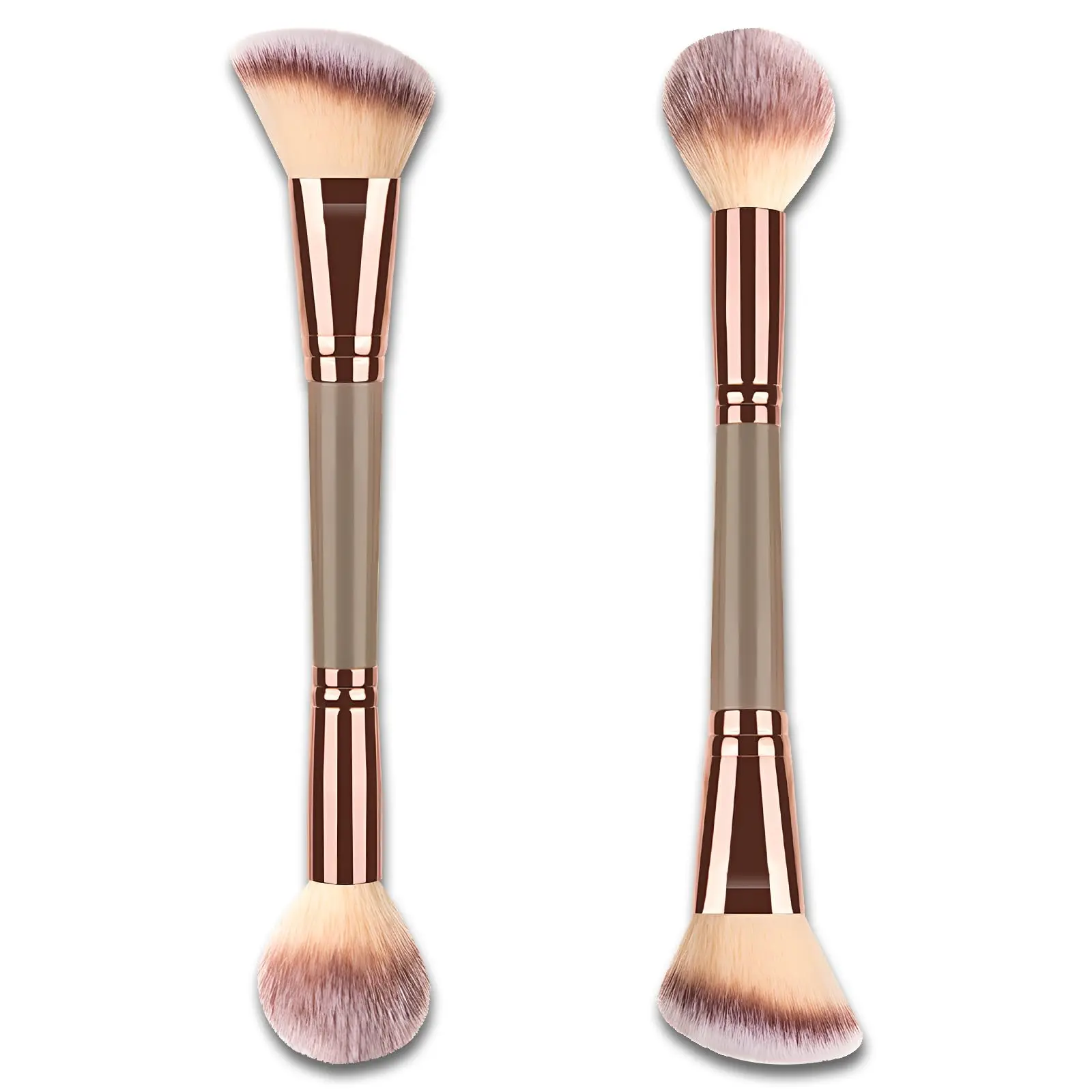 Champagne Gold Double-Ended Foundation Makeup Brush Angled/Round Top for Liquid Powder & Cream Blending Brown Wand All Double-Ended Blush & Powder Brush Set