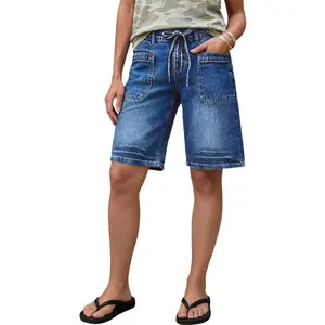 Flamingals Drawstring Patched Pocket Mid Waist Denim Bermuda Shorts Womenswear Stretchy 10.2" Inseam