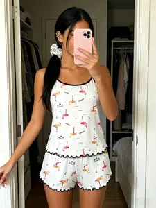 Base Peacock Print Sleeveless Pajama Set, Edge Ruffle Design, Sweet Cool Girl Style, Breathable Home Sleepwear