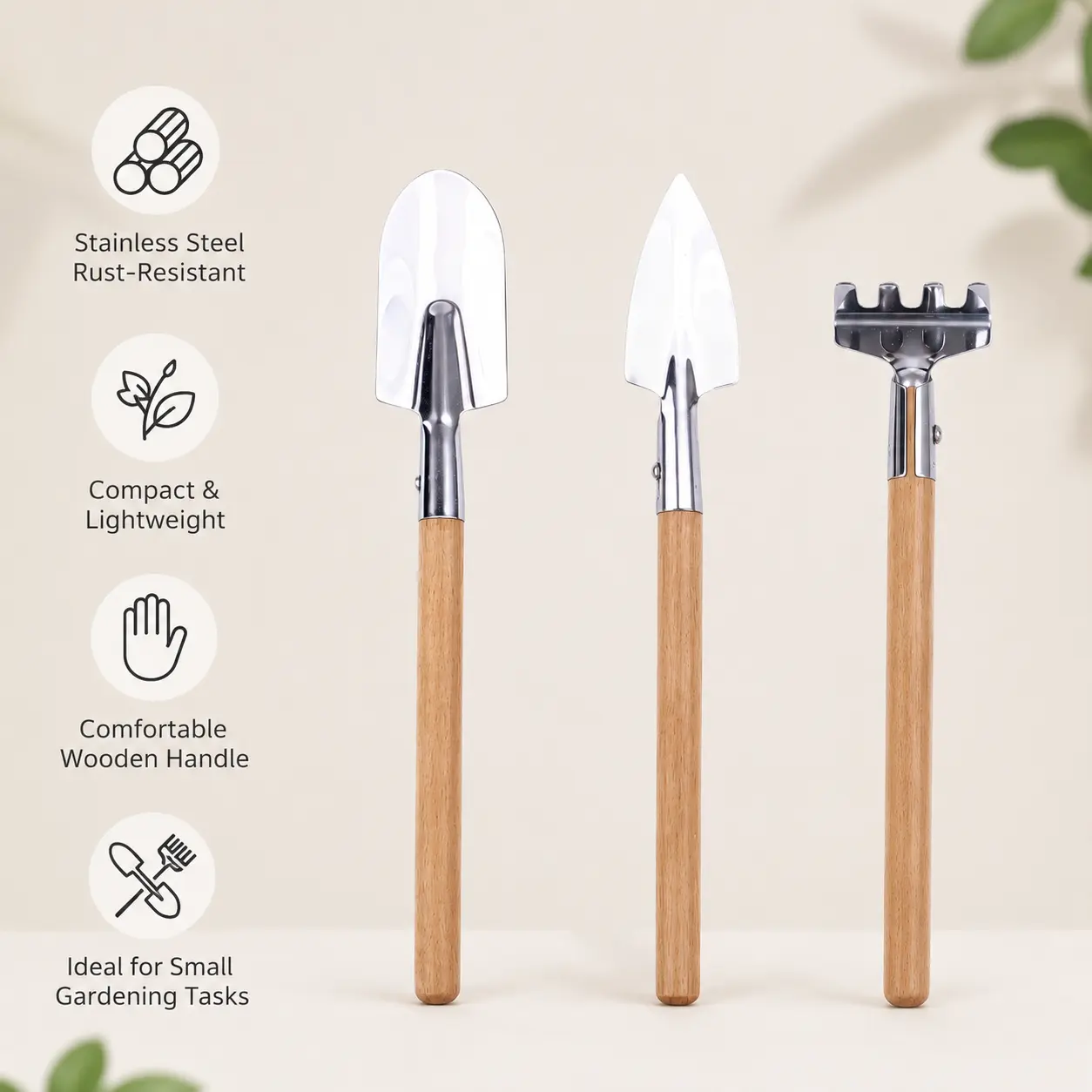 3 Counts, Mini Gardening Tool Set with Wooden Handle and Stainless Steel Head, for Potted Succulents and Small Plant Daily Care