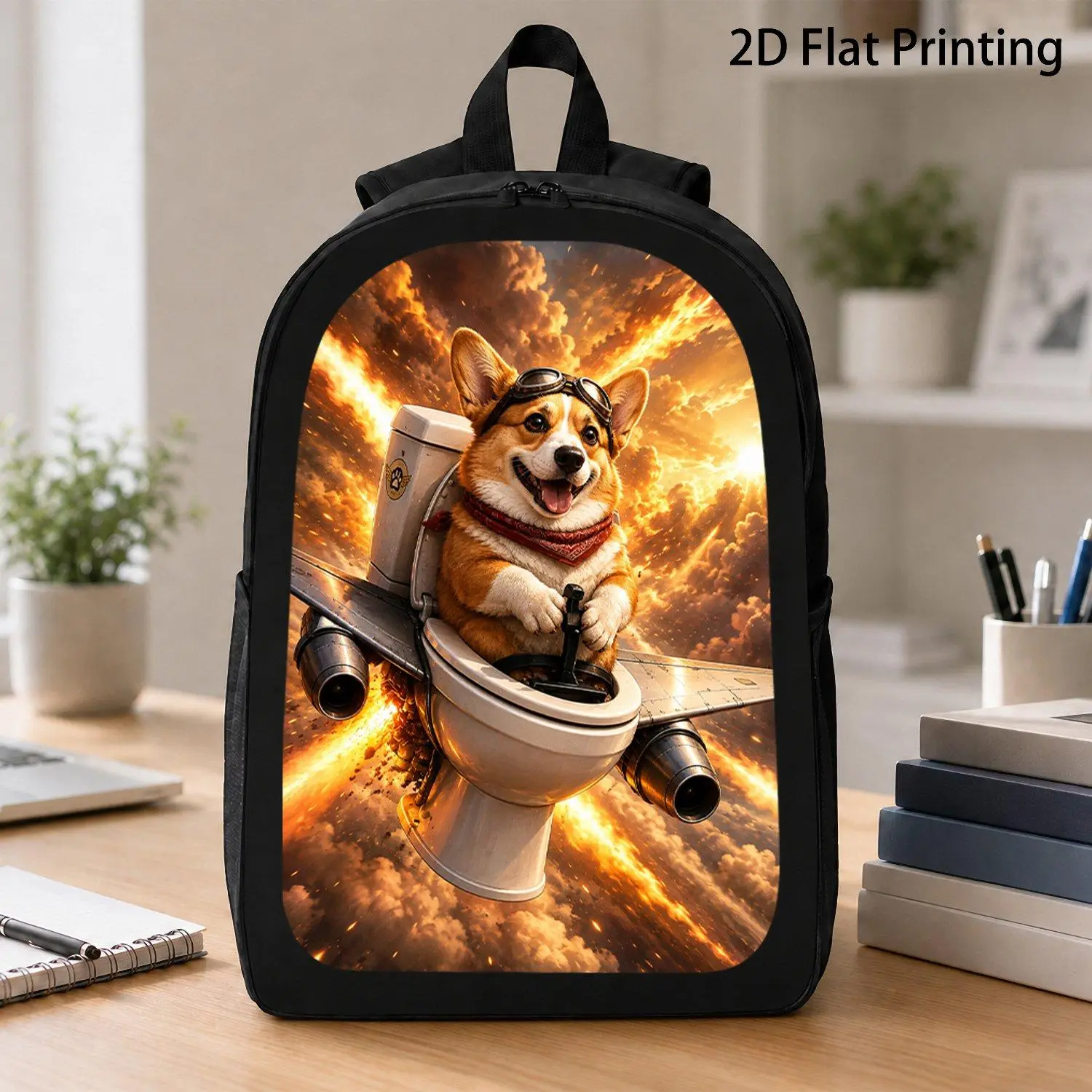 Funny Animal Graphic Backpack, Pilot Corgi With Bandana Piloting Jet Toilet In Fiery Sky, 2D Flat Printing Travel Laptop Backpack, Large Capacity Casual Rucksack