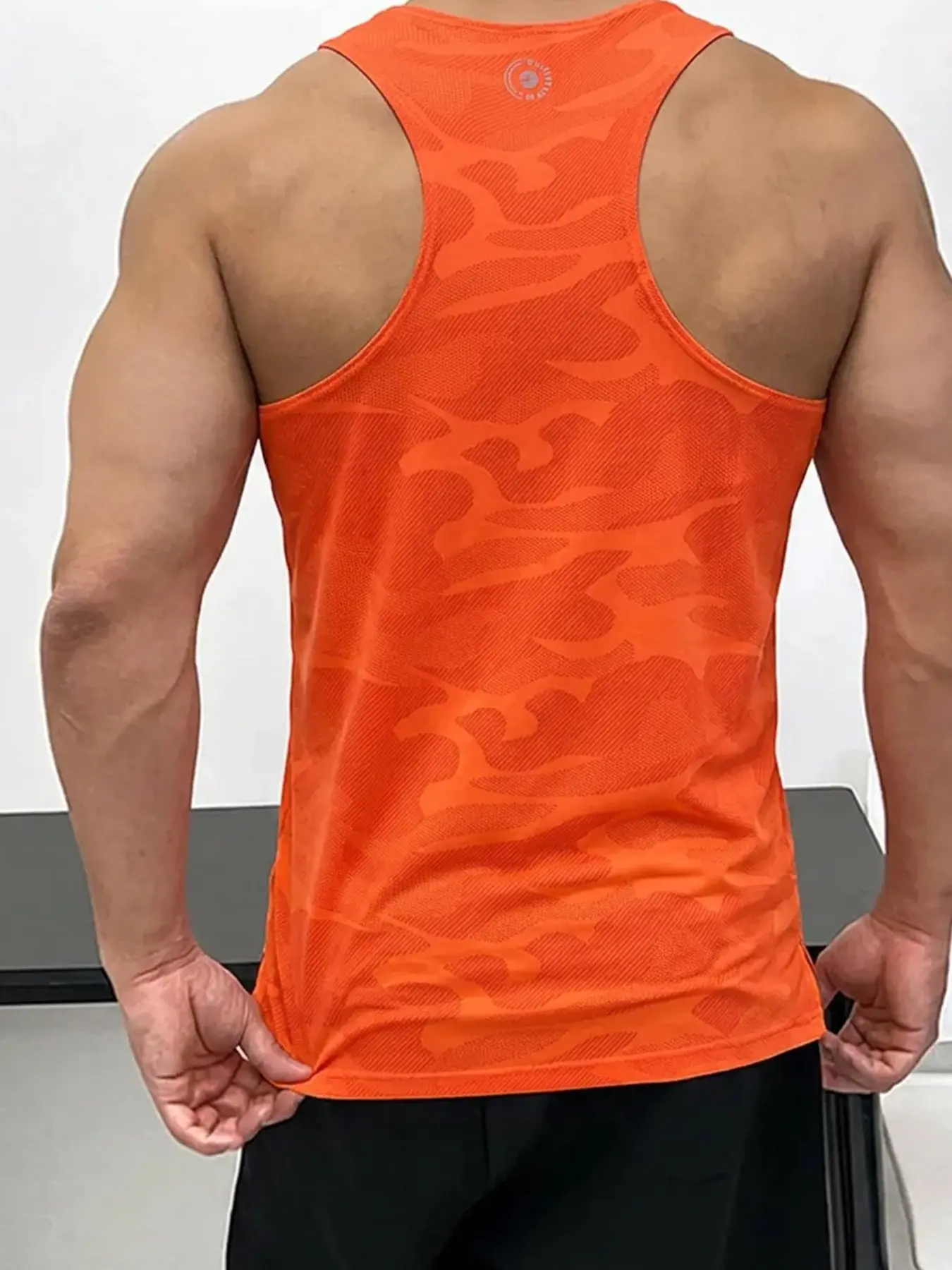 Men's Orange Jacquard Camo Cooling Gym Tank Top, Y-Back Breathable Moisture-Wicking Quick-Dry Stringer, Lightweight Muscle-Fit Workout Top, Jacquard Sports Vest Perfect for Gym, Outdoor Running & Urban Street Style