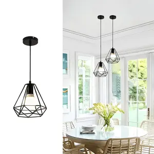 Modern Simple Geometric Iron Frame Pendant Light, Industrial Metal Cage Lamp, Suitable for Flat Ceiling, Kitchen, Bedroom, Dining Room