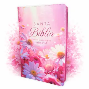 Biblia para Mujer con Cierre Letra Grande 12 puntos RV1960 imit piel duotono blanco y rosa margaritas con indice y canto floral