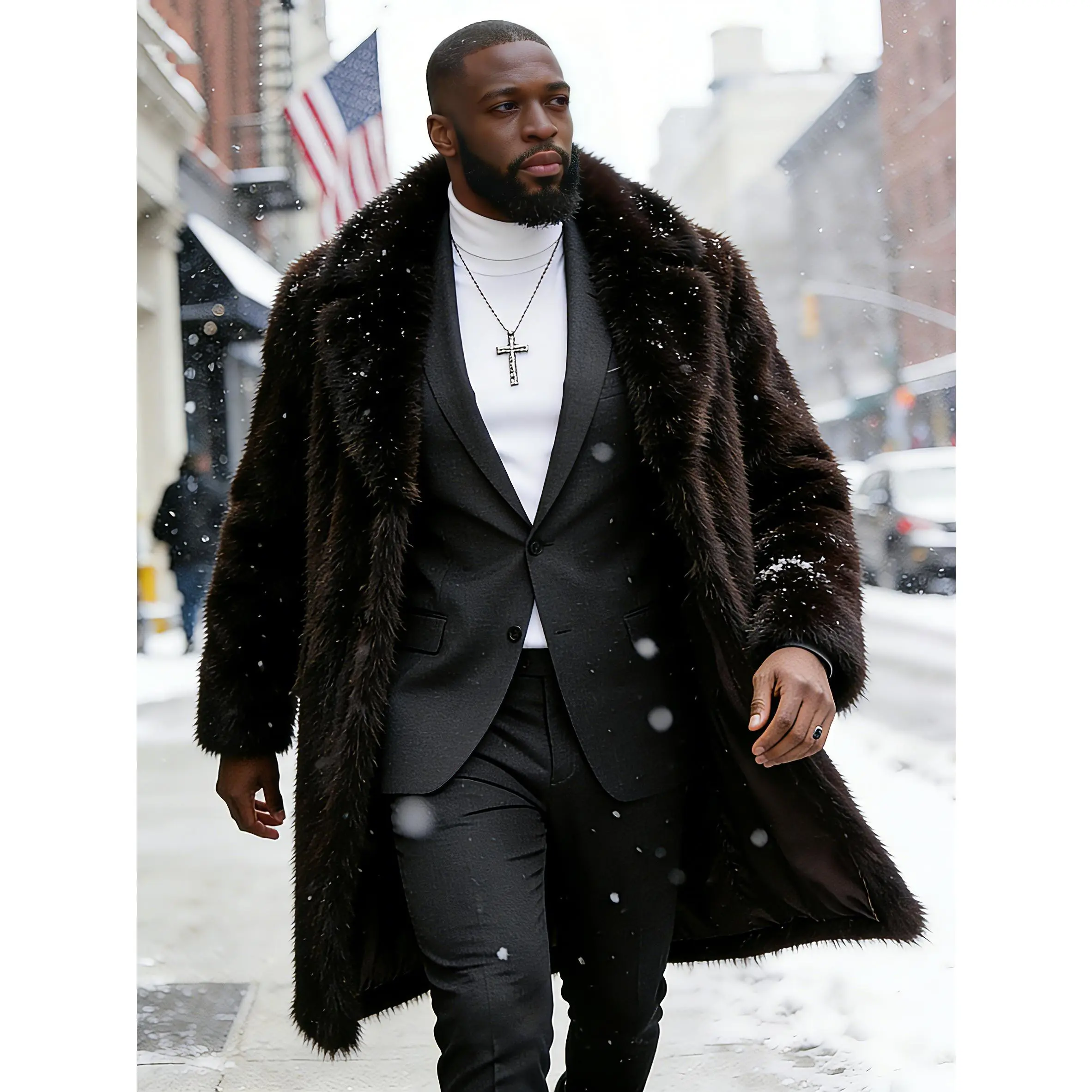 KZZ Men's Long-Sleeve Fleece-Lined Thick Woven Casual Jacket - Mid-Length, Plain, Fur Collar, Autumn Winter Warm Tops, Eco-Friendly Tech, Christmas Menswear Coat