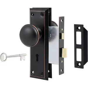 Vintage Mortise Lock Set for Interior Door - Antique Door Knobs with Lock and Skeleton Key, Oil Rubbed Bronze Finish