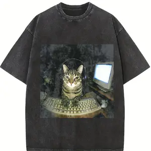 Vintage Wash Hacker Cat Meme Shirt, Computer Kitty Tee, Casual Crew Neck Short Sleeve T-Shirt, Comfortable Fabric, for All Season Trendy Top, Slight Stretch, Regular Fit, Suit for All Body Types