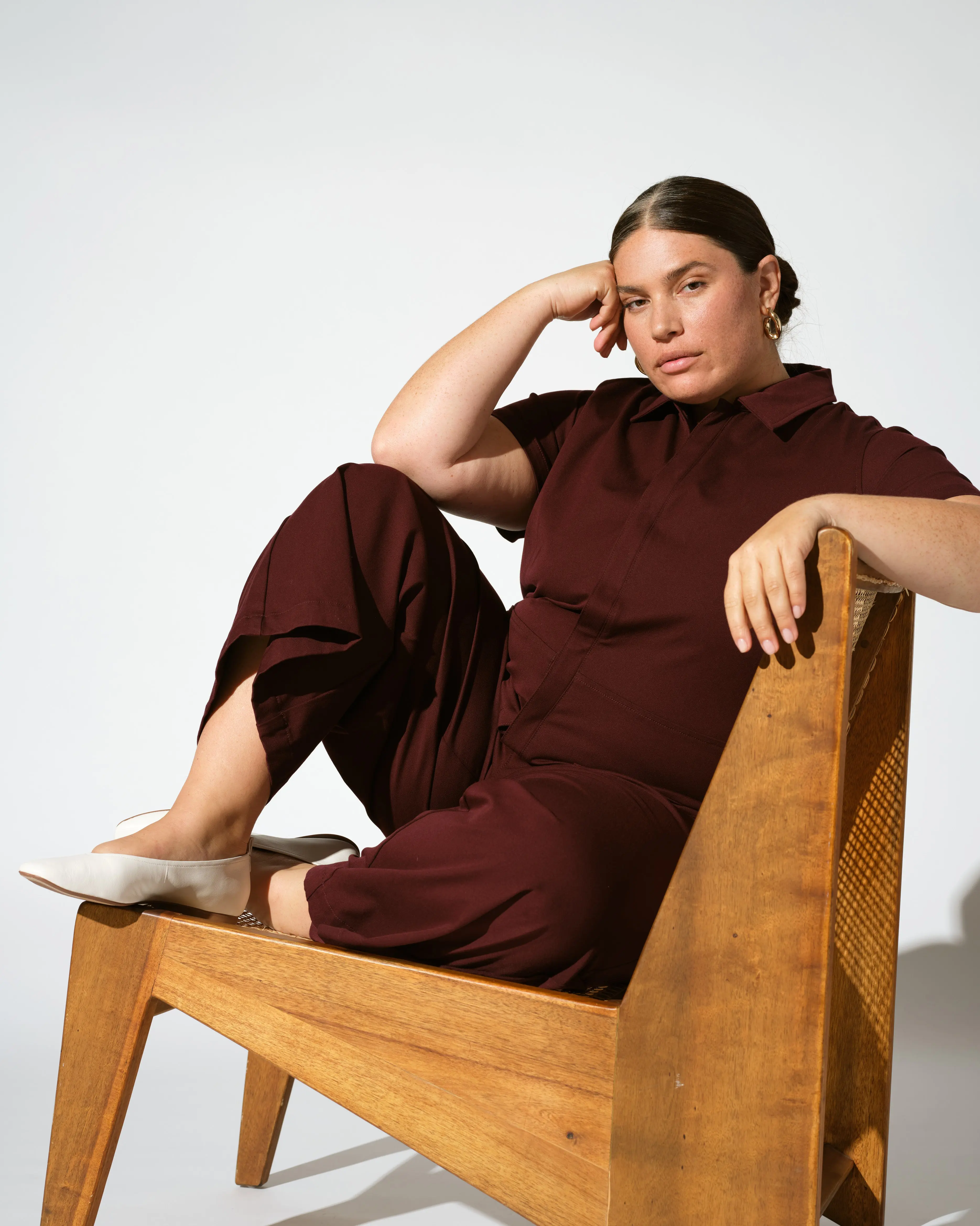 Women's Solid Casual Stretch Cotton Twill Overalls - Kate Relaxed Loose-Fitting Elastic Jumpsuit with Patch Pockets, Elastic Back, Full Length, Black Cherry, Basic Minimalist Design