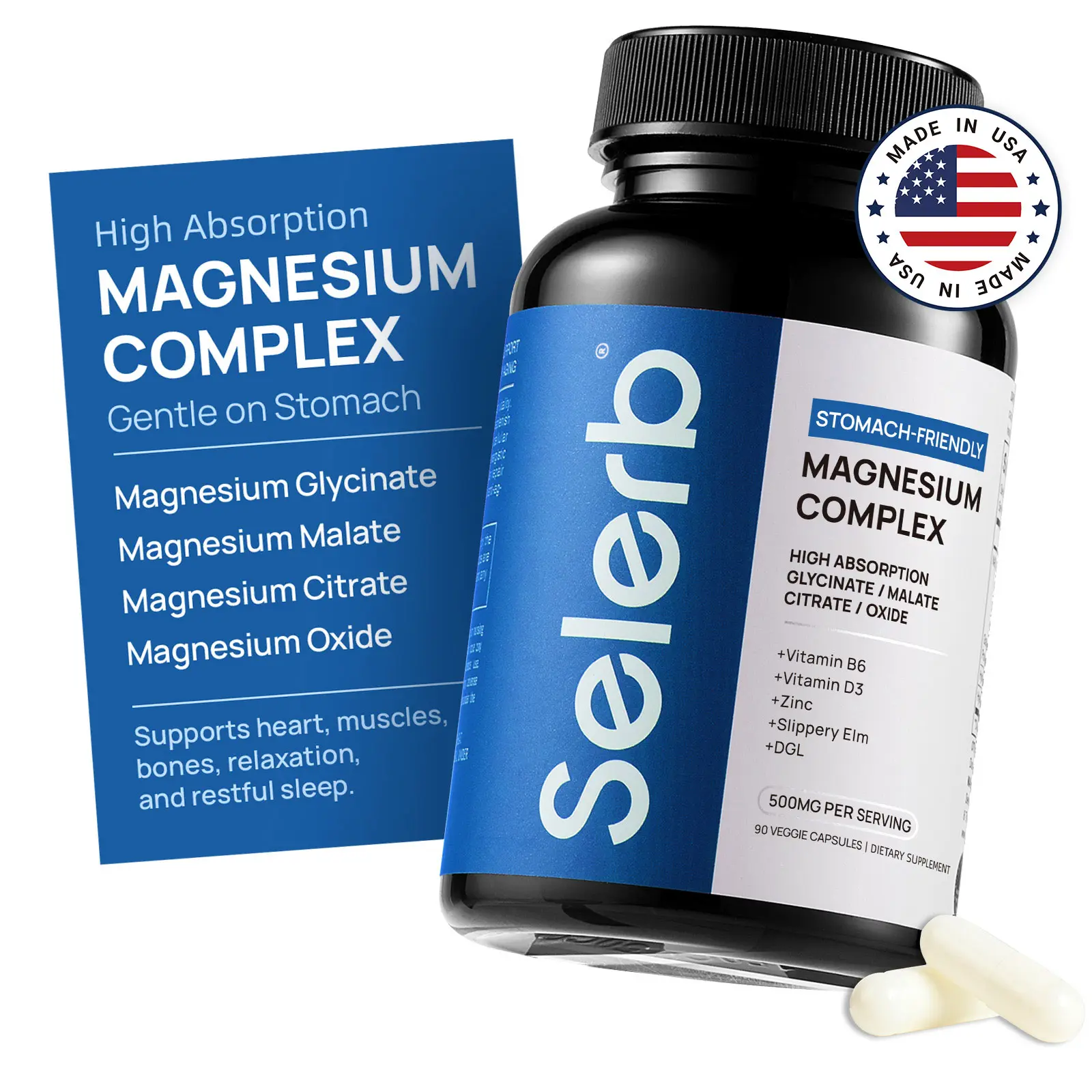 Selerb Magnesium Complex Vitamin 300mg - 4 Types of Magnesium with B6, D3, Zinc, Slippery Elm - Vegan Dietary Supplement for Calm & Sleep Support, Anti-Stress Muscle Support - 90 Capsules, Calm & Sleep Support Vitamins Supplements