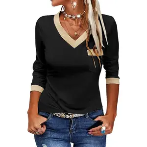 PiePieBuy Womens Long Sleeve T Shirts Casual V Neck Color Block Tunic Tops Loose Basic Top