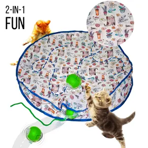 2 in 1 Interactive Cat Toy Cat Enrichment Hunting Mat with Rechargeable Motion Activated Rolling Fast Ball Lights Up With Chirping Noises