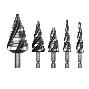 Four Spiral Flute Step Drill Bit Set, 5 Pcs HSS Step Drill Bits (1/8"-1-3/8") Unibit Step Drill Bit, 1/4" and 3/8" Shank Step Bits for Aluminum, Wood, Plastic, Metal