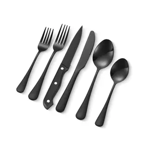 summervibes 48-Piece Black Stainless Steel Cutlery Set with Steak Knives, Food-Grade Mirror Finish Flatware Utensils, Dishwasher-Safe Tableware for 8 People, Kitchen Home Use