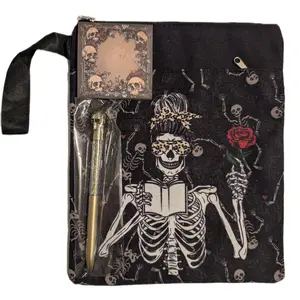 Gothic Skeleton Tablet Book Sleeve Waterproof Protector with Notepad & Pen Halloween Fall Design Black Zipper Bag
