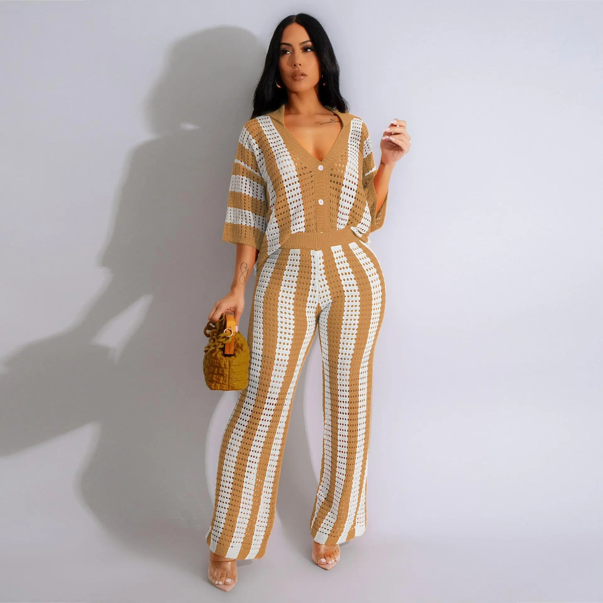 Womens 2 Piece Outfits Summer Crochet Knit Short Sleeve Button Down Shirt Wide Leg Pants Beach Vacation Sets Women's Crochet Sets Two Piece Outfit Knit Hollow Out Color Block Button Down Shirts Matching Long Pants Beach Set