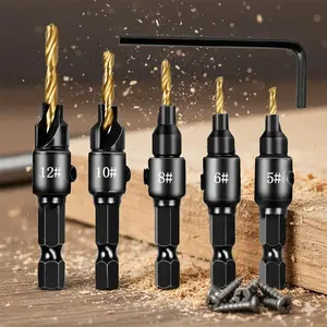 Titanium Coated Countersink Drill Bit Set 5-Piece, High Precision Spiral Bits for Woodworking, Quick Hole Solution for DIY Furniture Installation, Compatible with #5 #6 #8 #10 #12 Screws, Durable Set for Self-Tapping Screws Pre-Drilling, Tool Accessories