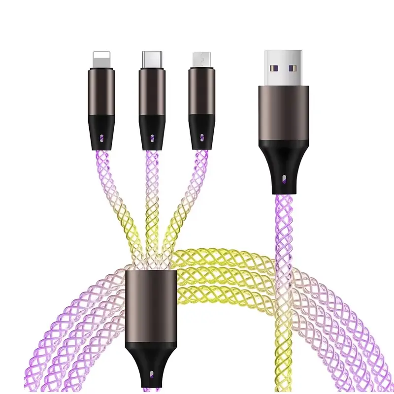 Multi Port Illuminated Universal Phone Charging Wire, Color Shift Luminous Twisted Cable with Three Device Interfaces, Portable Braided Charger Cord for Home, Car and Office Electronic Accessories