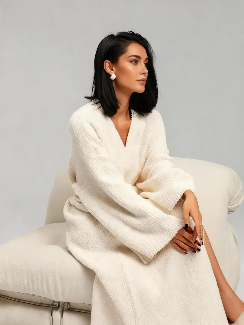 Autumn & Winter Warmth Flannel Pajamas Women's Thick Long-Fleece Nightgown Soft Comfortable Double-Sided Fleece Homewear Bathrobe Suitable for Indoor & Outdoor Use Plush Fabric Skin-Friendly R0-1