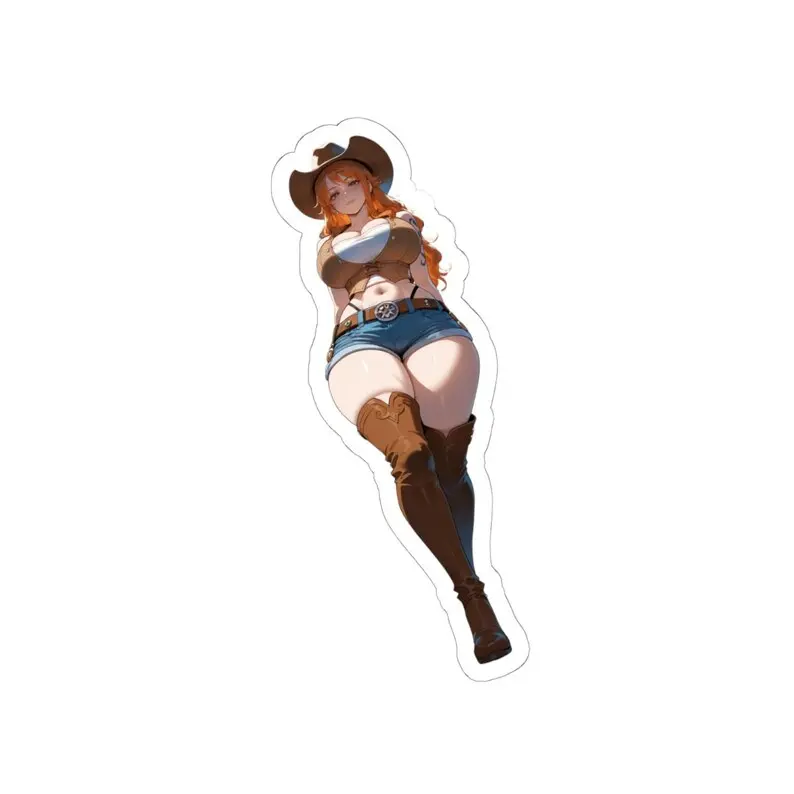 Cowgirl Anime Girl Vinyl Sticker, Orange Hair Waifu Waterproof Decal, Western Pirate Girl Sticker for Laptop Water Bottle Phone Journal