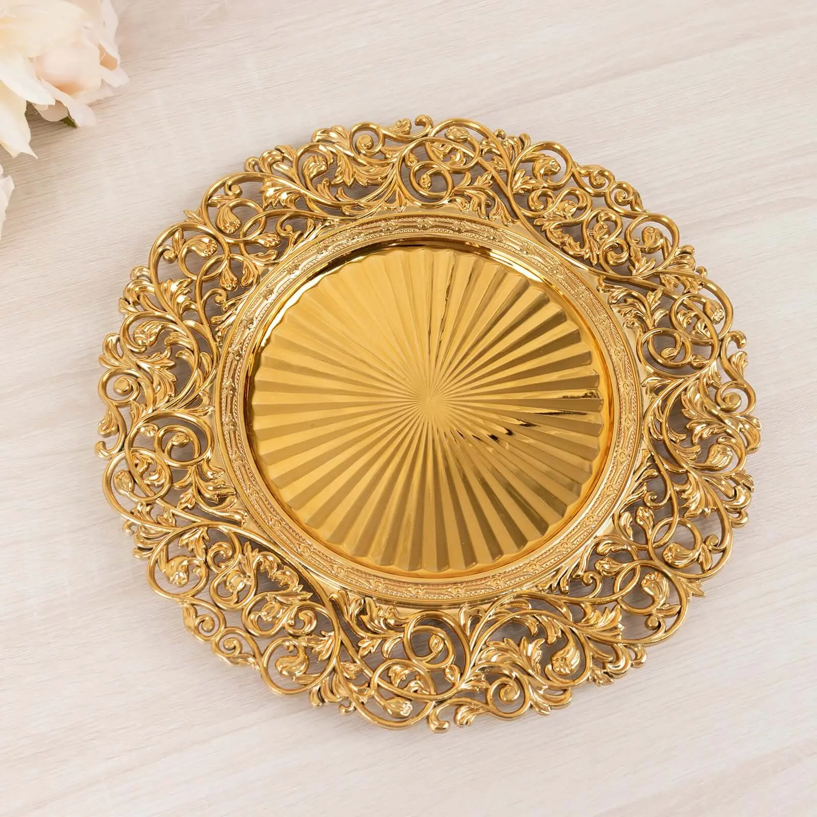 13" Gold Acrylic Round Charger Plates, 6-Pack with Vintage Floral Carved Rim, Party Plates for Event Tabletop Decorative Tableware, Six Pack Charger, 6 Plates For Guests