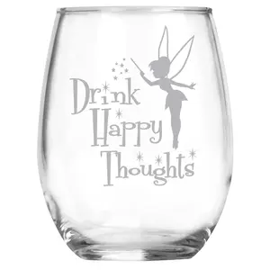 Drink Happy Thoughts Engraved Wine Glass • Fairy Gifts • Princess Wine Glasses • Funny Unique Birthday, Christmas, Mother's Day, Anniversary, Graduation Gift