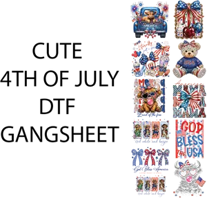 Cute 4th of July Gangsheet for Shirtmaking - Patriotic Design with Bears and American Flags - Perfect for Custom T-Shirts