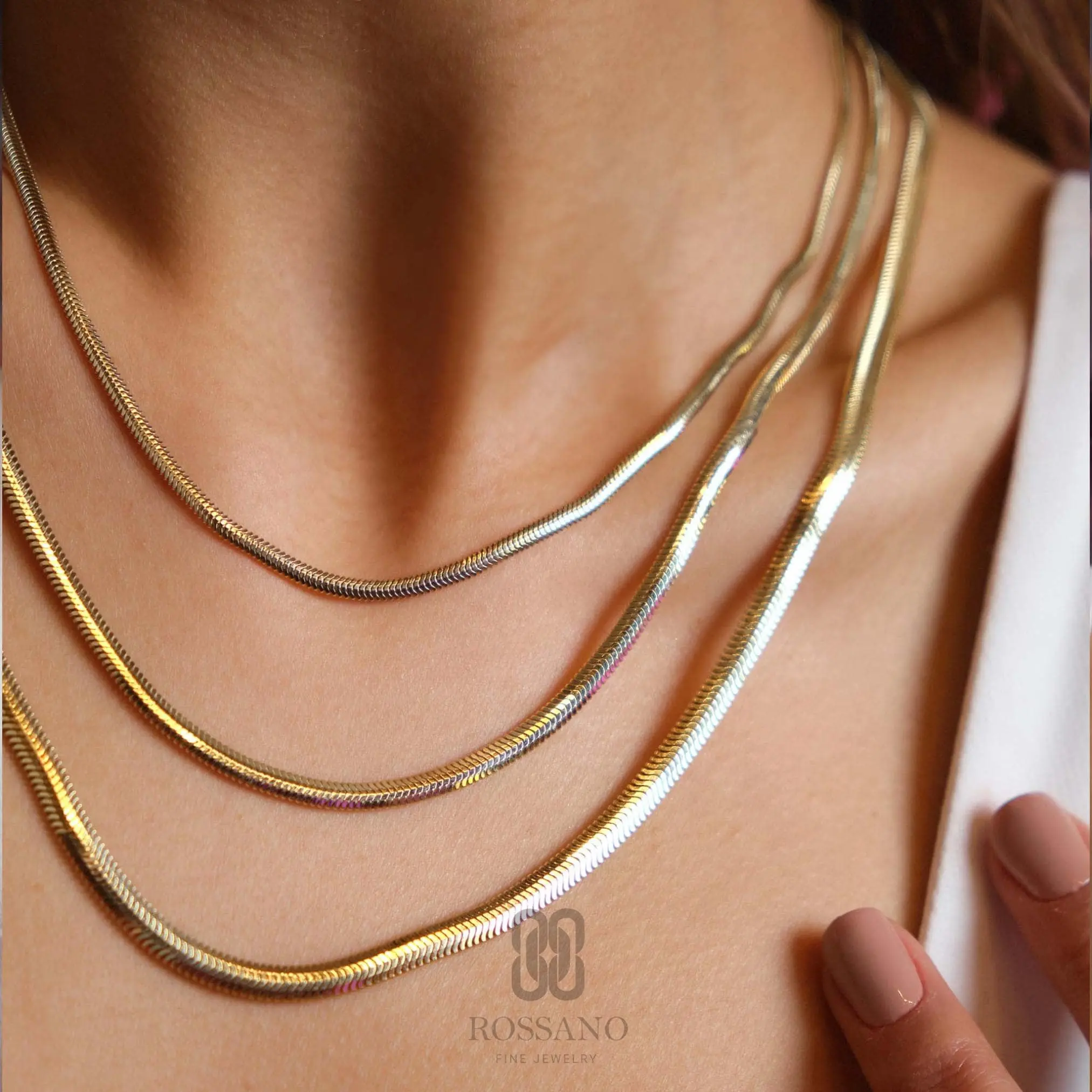 14K Gold Snake Necklace, Italian Herringbone Chain Choker