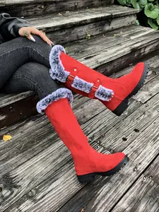 Women's Fuzzy Winter Warm Boots, Plain Color, Flat Sole, Soft Bottom, Plush Lining, Anti-Slip Mid-Calf Snow Boots for Christmas