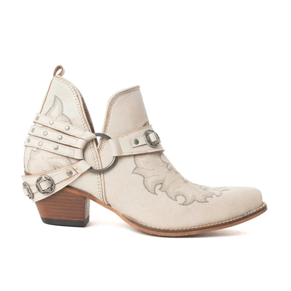 Women's Classic Stylish Western Ember Leather Embroidered Booties - White, Soft Rubber-Soled Women's Footwear