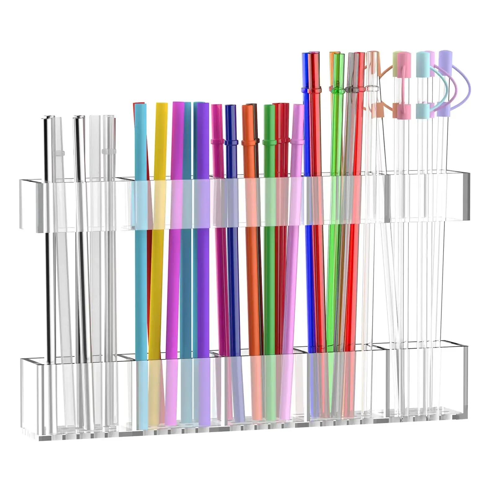 Adjustable Clear Acrylic Straw Holder, Wall Mounted Reusable Straw Organizer, Two-Tier Multilayer Kitchen Storage Rack for Cabinet Door, Large Capacity Utensil Storage for Home.