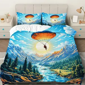 3PCS Duvet Cover Set, 1 Duvet+2 Pillowcases(Without filler), Parachute Mountain Sky River Adventure theme, Holiday bedding set, Scenic Nature Vibrant Sky Design Suitable for decoration Bedroom Living Room Guestroom Cabin.