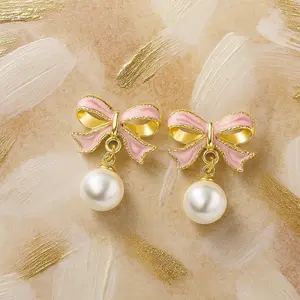 Gold Bow Earrings for Women, Long Tassel Chain Drop Earrings, Trendy Small Bow Earrings, Ribbon Waterfall Dangling Earrings, Pearl Bow Earrings, Sparkly Elegant Bowknot Preppy Jewelry Gifts for Women