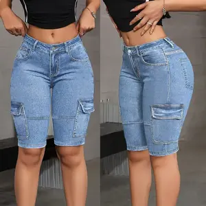 Women's high waisted stretch denim shorts - slim fit washed blue workwear pocket with stitched details, suitable for street style casual mid length shorts for spring and summer outings