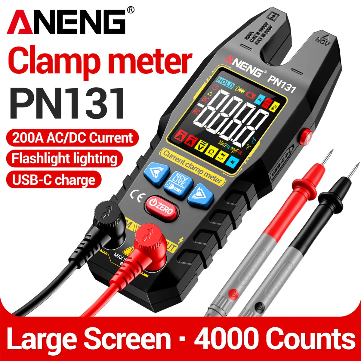 ANENG PN131 U-shaped digital clamp meter, 4000-count AC/DC current and voltage tester, supports USB-C charging, capable of measuring resistance, capacitance and diodes; a circuit testing tool suitable for repair technicians and domestic users