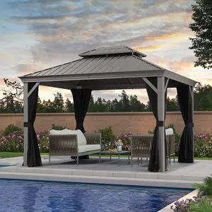 PURPLE LEAF 10' x 12' Patio Gazebo For Backyard | Hardtop Galvanized Steel Light Grey Frame With Upgrade Curtain