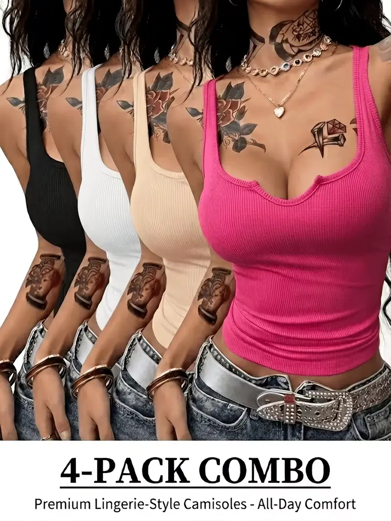 4pcs Women's Ribbed Scoop Neck Cami Tops, Summer Basic Slim Fit Sleeveless Shirts, Sexy Versatile Layering Tank for Yoga & Home