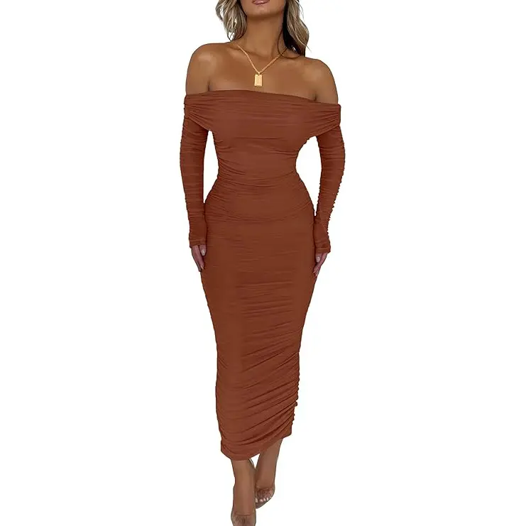 PrettyGarden Women's Fall Off The Shoulder Maxi Dress Spring Long Sleeve Ruched Fitted Bodycon Club Dresses with Slit Womenswear Caramel