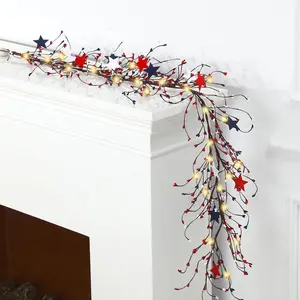 250th Anniversary Garland 4th of July 4.5ft Long with Red White and Blue Metal Pentagram Embellished Berry Branches Patriotic Ornament Independence Day Flag for Door Decor with 30 Fairy Lights