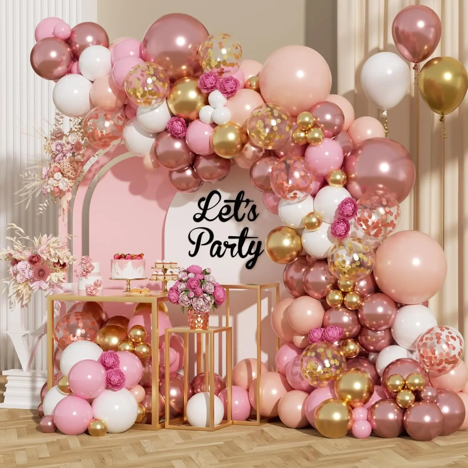 Shiny Rose Gold Balloon Arch & Garland Kit, 164Pcs - Nude Pastel Pink, Metallic Gold, White, Confetti Balloons for Girl Birthday, Wedding Decorations, Balloon Decor
