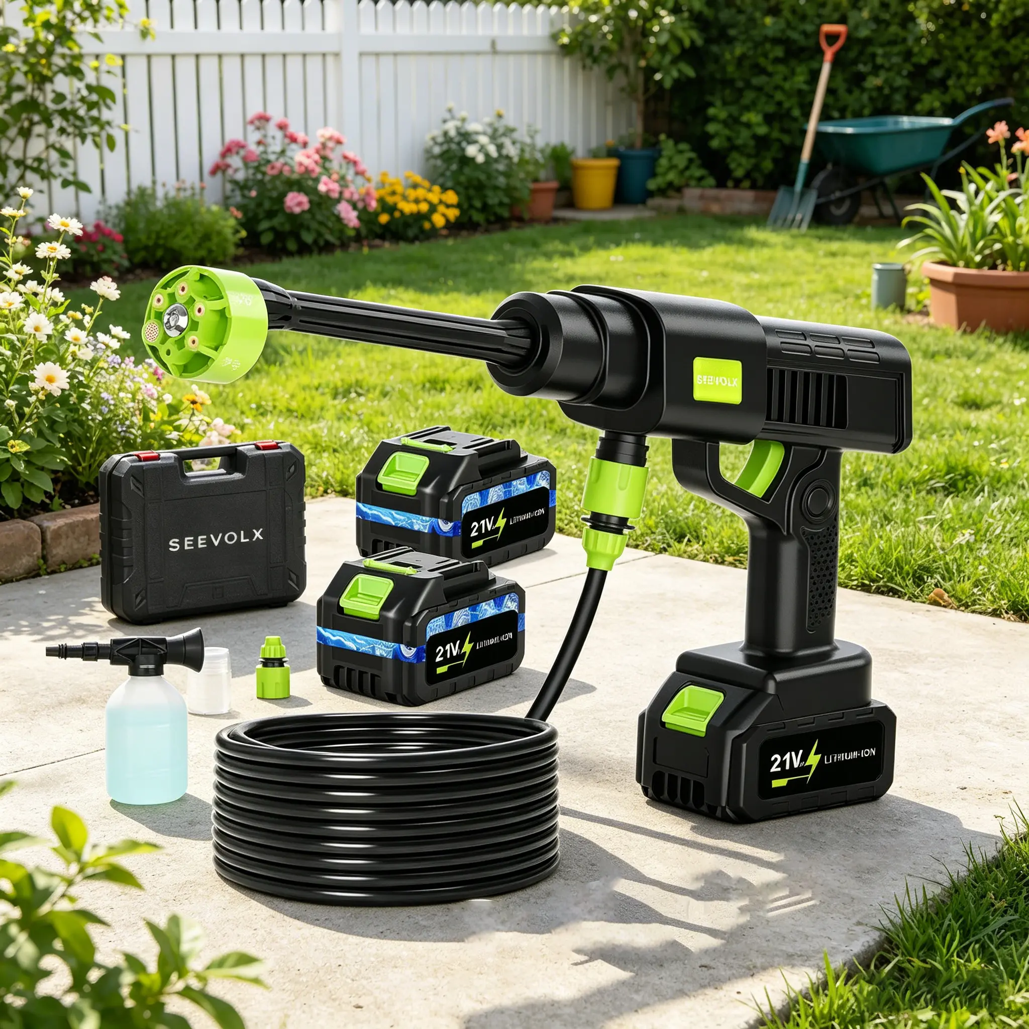 SEEVOLX Wireless Pressure Washer Gun - 990PSI High Pressure, 6-in-1 Nozzle, Foam Sprayer, Ideal for Car Washing, Patio Cleaning & Garden Watering