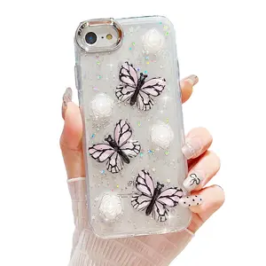 Case for iPhone 6 6S 7 8 for Women Girls,Cute 3D Butterfly Floral Design Sparkle Glitter Bling Soft TPU Cover Shockproof Protective Phone Case for iPhone SE 3 2022/iPhone SE 2 2020
