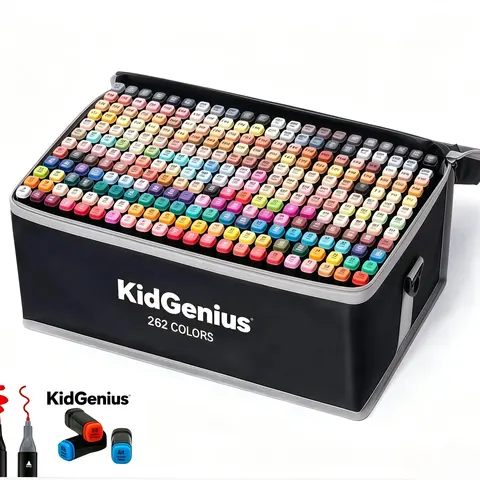 KIDGENIUS 262-Pcs Double Ended Alcohol Colored Artist Markers Set - 168 Colors, Brush & Fine Tip for DIY Crafts, Coloring, Sketching, Unisex Students, Adult-Kid Gifts, Professional Art Supplies
