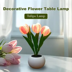 Pink Tulip Flower Table Lamp - LED Desk Night Light with Artificial Flower & Vase, Home Living Room Decor, Mom Love You Gift for Birthday Party excellent decorations
