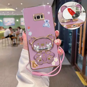 S8+ Fashion Series Silicone Strap Lanyard Phone Holder Case For Compatible With Samsung Galaxy S8 Plus Plating Cover and Shockproof Impact Resistant Heart Butterfly Bear Flower Protector Cases