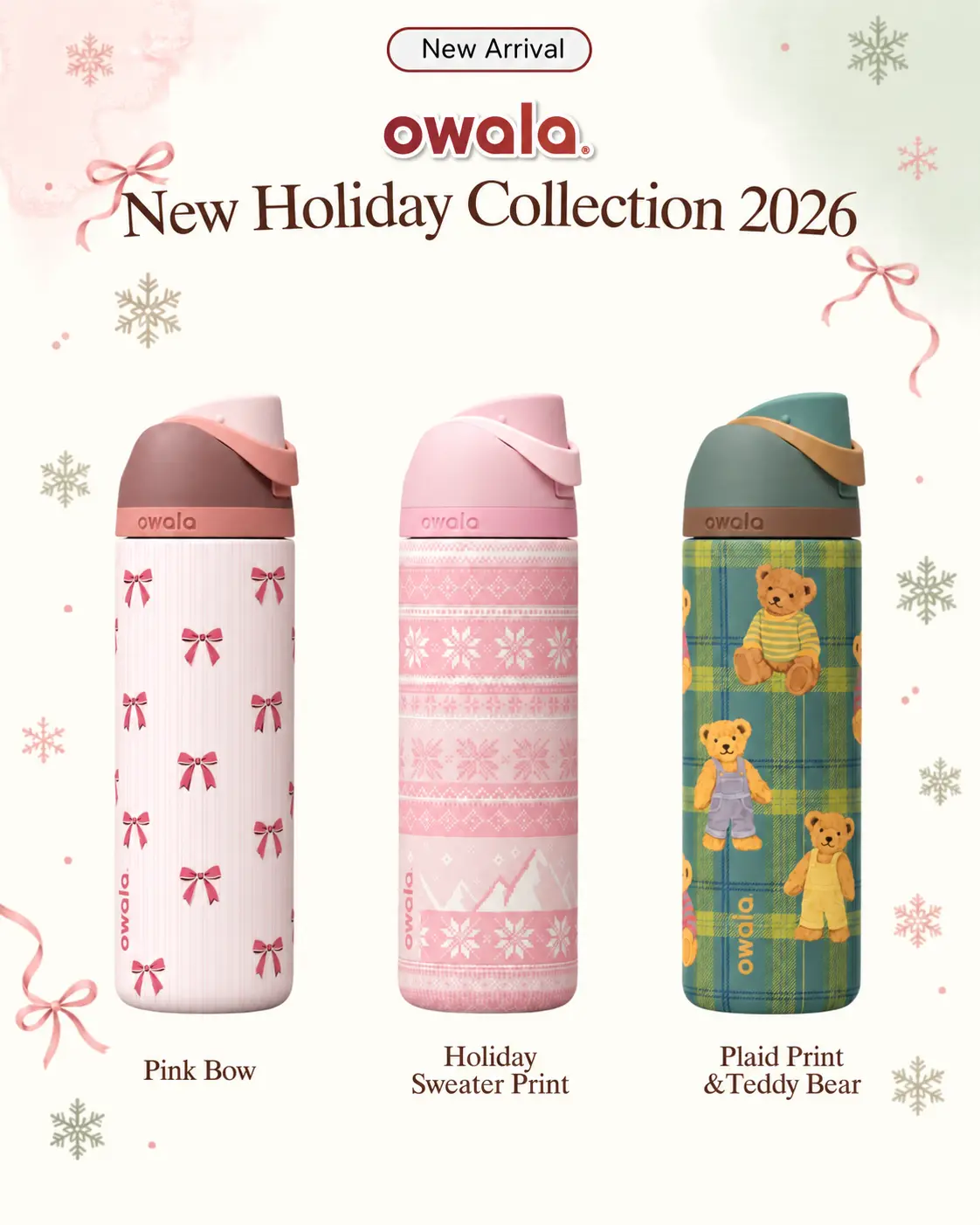 Owala Holiday Collection 24oz FreeSip Insulated Stainless Steel Water Bottles, Teddy Bears, Pink Bow & Sweater Print, Leak-Proof Reusable Bottles, Christmas Gift Collection