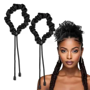 2 Pack Adjust Satin Hair Scrunchies for Women Girls, Adjustable Hair Ties Soft Than Silk for Girlie Thick Curly Natural Hair, Easy to Use Hair Accessories for Puff Loc Ponytails (black)